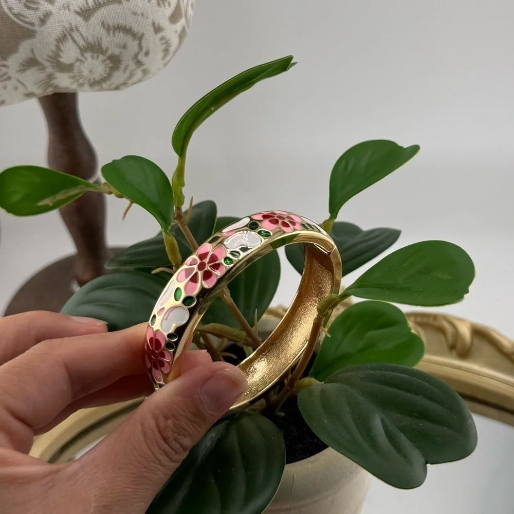 Hand Painted Floral Enamel Bangle with Gold Accents
